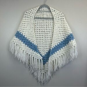 Vintage Handmade Shawl Poncho Fringe White Blue Cottagecore Prairie Boho Granny